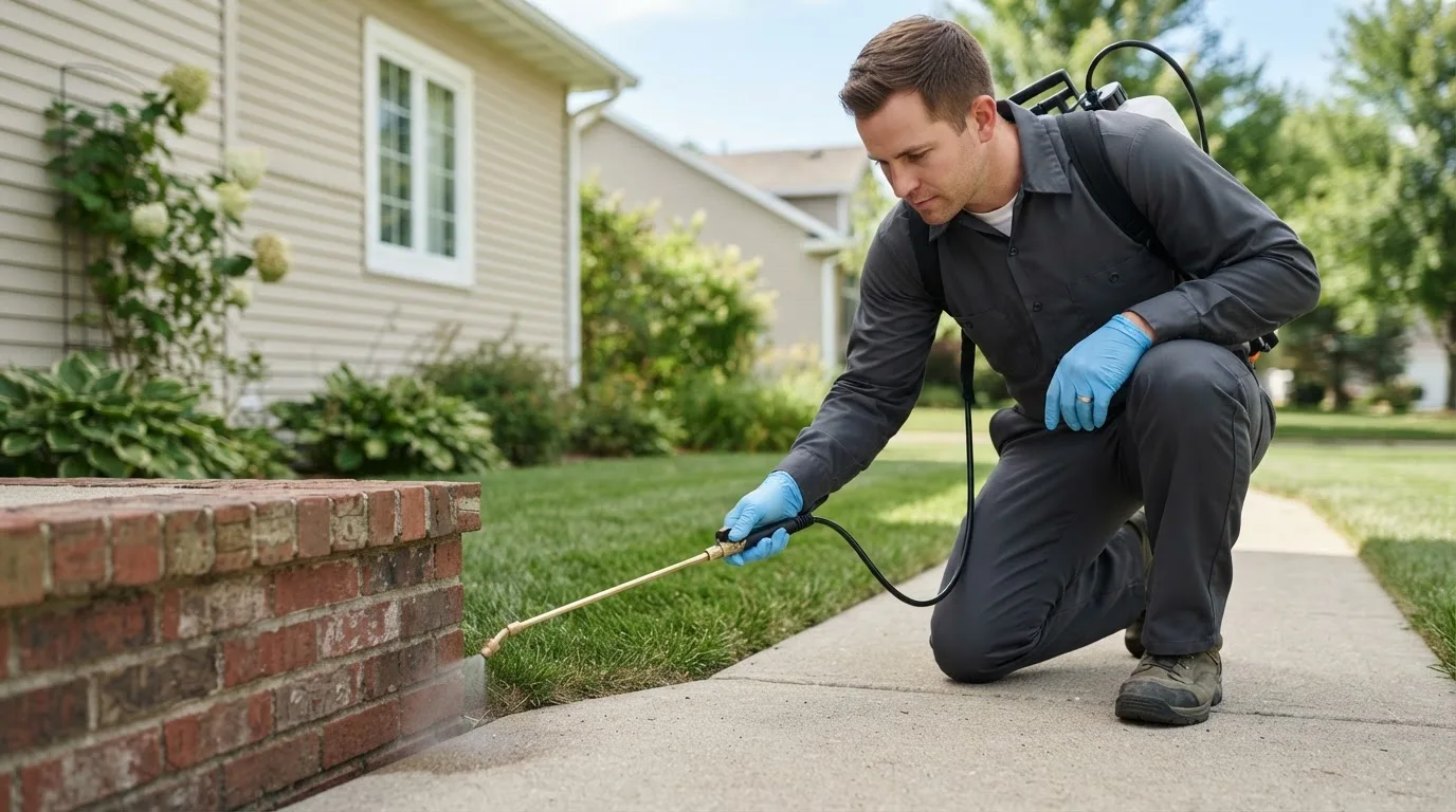 Pest control technician treating a home near Rough And Ready, CA